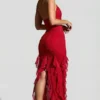Rochie maxi cu volane și gât halter, decorată, de la Anley, în roșu Rochie maxi cu volane și gât halter, decorată, de la Anley, în roșu