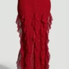 Rochie maxi cu volane și gât halter, decorată, de la Anley, în roșu Rochie maxi cu volane și gât halter, decorată, de la Anley, în roșu