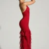 Rochie maxi cu volane și gât halter, decorată, de la Anley, în roșu Rochie maxi cu volane și gât halter, decorată, de la Anley, în roșu