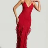 Rochie maxi cu volane și gât halter, decorată, de la Anley, în roșu Rochie maxi cu volane și gât halter, decorată, de la Anley, în roșu