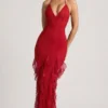 Rochie maxi cu volane și gât halter, decorată, de la Anley, în roșu Rochie maxi cu volane și gât halter, decorată, de la Anley, în roșu