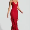 Rochie maxi cu volane și gât halter, decorată, de la Anley, în roșu Rochie maxi cu volane și gât halter, decorată, de la Anley, în roșu