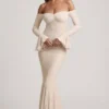 Rochie maxi cu volane și umeri decupați din dantelă, model Verena, culoare ivoriu