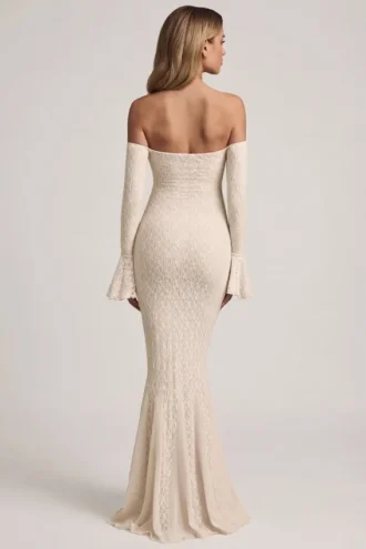 Rochie maxi cu volane și umeri decupați din dantelă, model Verena, culoare ivoriu