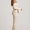 Rochie maxi cu volane și umeri decupați din dantelă, model Verena, culoare ivoriu