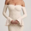Rochie maxi cu volane și umeri decupați din dantelă, model Verena, culoare ivoriu