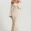 Rochie maxi cu volane și umeri decupați din dantelă, model Verena, culoare ivoriu