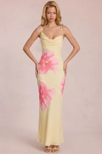 Rochie maxi din șifon Fioren cu imprimeu floral galben