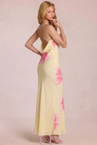 Rochie maxi din șifon Fioren cu imprimeu floral galben