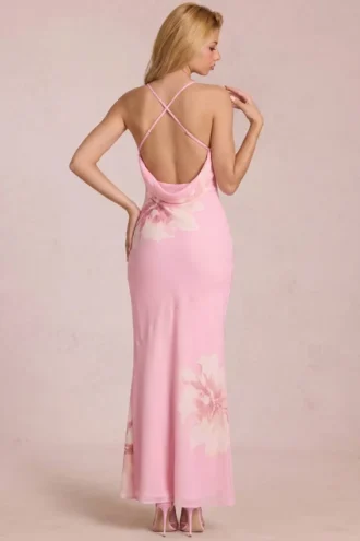 Rochie maxi din șifon Fioren cu imprimeu floral roz