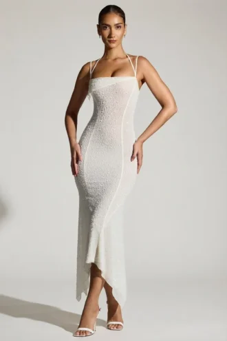 Rochie maxi Dole cu tiv în formă de batistă, decorată, în culoarea albă