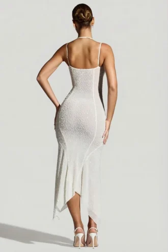 Rochie maxi Dole cu tiv în formă de batistă, decorată, în culoarea albă