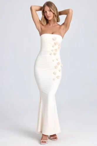 Rochie maxi drapată cu aplicații florale Aveline, culoare ivoriu