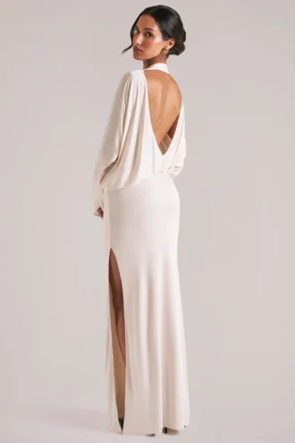 Rochie maxi drapată cu mâneci lungi Lani, culoare ivoriu