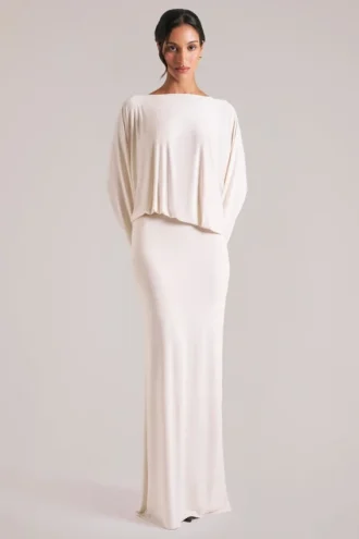 Rochie maxi drapată cu mâneci lungi Lani, culoare ivoriu