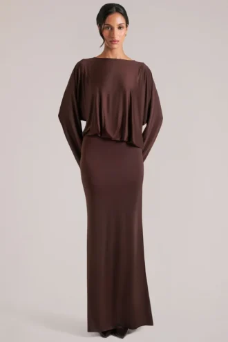 Rochie maxi drapată cu mâneci lungi Lani în culoarea ciocolată