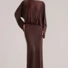Rochie maxi drapată cu mâneci lungi Lani în culoarea ciocolată Rochie maxi drapată cu mâneci lungi Lani în culoarea ciocolată