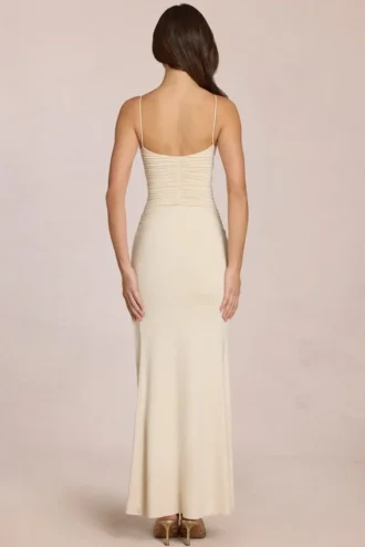 Rochie maxi Elanora cu decolteu adânc în V, culoare ivoriu