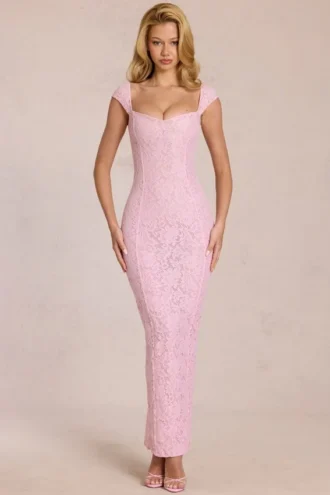 Rochie maxi Elisa cu decolteu în formă de inimă, în nuanța Blossom Pink