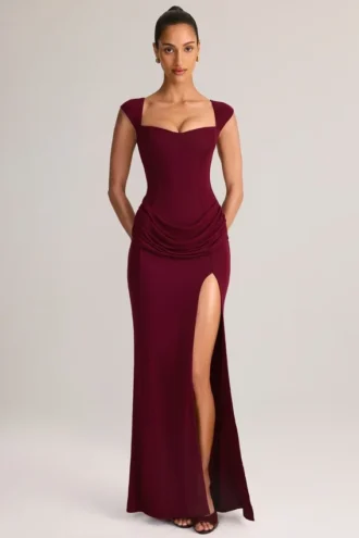 Rochie Maxi Elva din modal, cu decolteu în formă de inimă și talie înfășurată, în culoarea vin