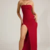 Rochie maxi fără bretele, cu guler cowl și ornamente La Rochette, în roșu intens Rochie maxi fără bretele, cu guler cowl și ornamente La Rochette, în roșu intens