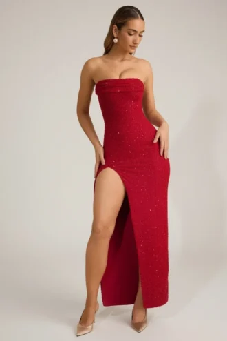 Rochie maxi fără bretele, cu guler cowl și ornamente La Rochette, în roșu intens