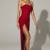 Rochie maxi fără bretele, cu guler cowl și ornamente La Rochette, în roșu intens Rochie maxi fără bretele, cu guler cowl și ornamente La Rochette, în roșu intens