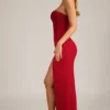 Rochie maxi fără bretele, cu guler cowl și ornamente La Rochette, în roșu intens Rochie maxi fără bretele, cu guler cowl și ornamente La Rochette, în roșu intens