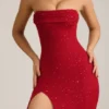 Rochie maxi fără bretele, cu guler cowl și ornamente La Rochette, în roșu intens Rochie maxi fără bretele, cu guler cowl și ornamente La Rochette, în roșu intens
