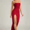 Rochie maxi fără bretele, cu guler cowl și ornamente La Rochette, în roșu intens Rochie maxi fără bretele, cu guler cowl și ornamente La Rochette, în roșu intens