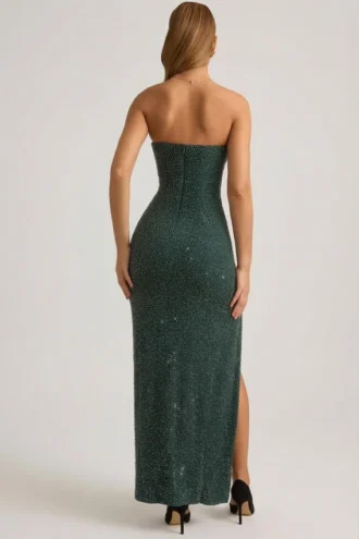 Rochie maxi fără bretele cu guler cowl și ornamente La Rochette în verde smarald