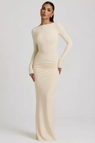 Rochie Maxi fără spate, cu volane, din modal Regine, în culoarea ivoriu