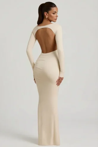 Rochie Maxi fără spate, cu volane, din modal Regine, în culoarea ivoriu