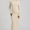 Rochie Maxi fără spate, cu volane, din modal Regine, în culoarea ivoriu Rochie Maxi fără spate, cu volane, din modal Regine, în culoarea ivoriu