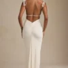 Rochie maxi fără spate Noelia din jersey texturat, de culoare ivoriu