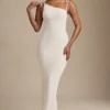 Rochie maxi fără spate Noelia din jersey texturat, de culoare ivoriu