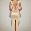 Rochie maxi Hivera din satin, cu gât barcă și spate răsucit, în culoarea șampanie