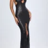 Rochie maxi Joella cu decupaje și gât halter, în negru