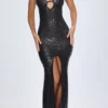 Rochie maxi Joella cu decupaje și gât halter, în negru
