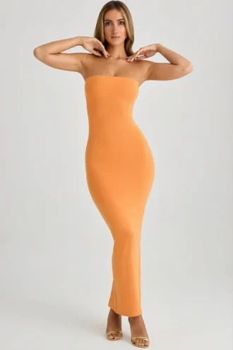 Rochie maxi Kali din modal, cu decolteu bandeau, în nuanța Sunset Orange Rochie maxi Kali din modal, cu decolteu bandeau, în nuanța Sunset Orange