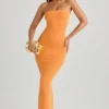 Rochie maxi Kali din modal, cu decolteu bandeau, în nuanța Sunset Orange
