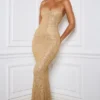 Rochie maxi Krystelle cu coadă de pește și ornamente, în culoarea auriu