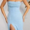 Rochie maxi La Rochette cu guler cowl și bretele bandeau, decorată, în albastru deschis Rochie maxi La Rochette cu guler cowl și bretele bandeau, decorată, în albastru deschis