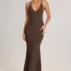 Rochie maxi Leire din modal, cu decolteu adânc și spate decupat, în culoarea ciocolatiu Rochie maxi Leire din modal, cu decolteu adânc și spate decupat, în culoarea ciocolatiu