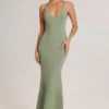 Rochie maxi Leire din modal, cu decolteu adânc și spate decupat, în culoarea verde salvie Rochie maxi Leire din modal, cu decolteu adânc și spate decupat, în culoarea verde salvie