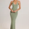 Rochie maxi Leire din modal, cu decolteu adânc și spate decupat, în culoarea verde salvie Rochie maxi Leire din modal, cu decolteu adânc și spate decupat, în culoarea verde salvie