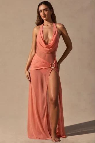 Rochie Maxi lungă cu decolteu adânc și guler tip cowl Anaya, culoare coral Rochie Maxi lungă cu decolteu adânc și guler tip cowl Anaya, culoare coral