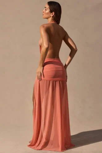 Rochie Maxi lungă cu decolteu adânc și guler tip cowl Anaya, culoare coral Rochie Maxi lungă cu decolteu adânc și guler tip cowl Anaya, culoare coral