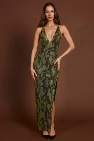 Rochie maxi Luserna cu gât halter și ornamente, în verde șarpe Rochie maxi Luserna cu gât halter și ornamente, în verde șarpe