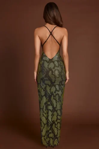 Rochie maxi Luserna cu gât halter și ornamente, în verde șarpe Rochie maxi Luserna cu gât halter și ornamente, în verde șarpe